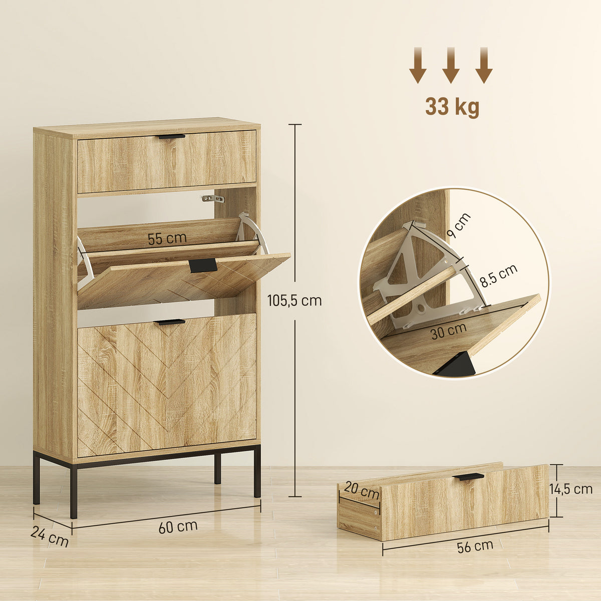 Sapateira Estreita com 2 Portas Sapateira para Entrada com Gaveta e Prateleiras Ajustáveis para 8 Pares de Sapatos 60x24x105,5 cm Madeira — foto 3