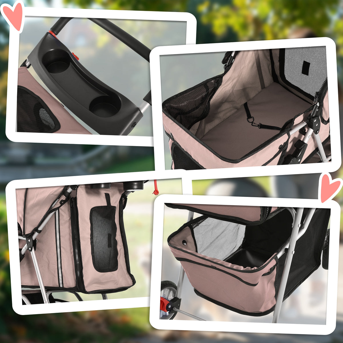 Carrinho para Cães Dobrável, Coche para Cães Pequenos com Cesta de Armazenamento, Janelas de Malha, Suporte para Copos, Rodas EVA, Almofada Lavável, Travões, Carga 10 kg, 75x45x97 cm, Castanho — foto 8