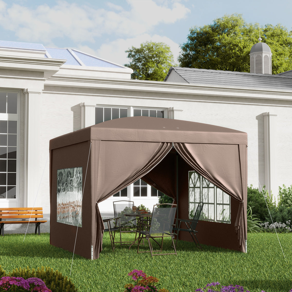 Tenda de Jardim com Paredes Laterais Amovíveis Janelas Porta com Fecho de Correr e Bolsa de Transporte 295x295x196-258 cm Café — foto 2