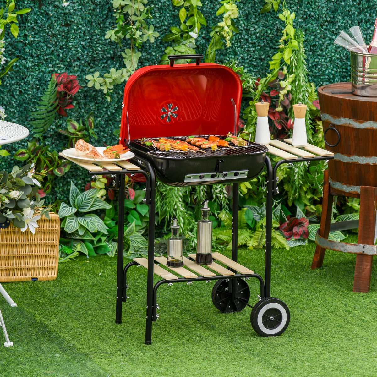 Barbecue a Carvão com Prateleiras de Madeira e Rodas Barbecue e Carvão para Campismo Pátio 98x49x81 cm Preto e Vermelho — foto 2