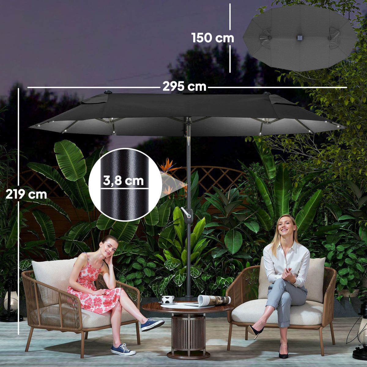 Chapéu de Sol Duplo 295x150x219 cm Chapéu de Sol de Jardim com Luzes LED Solares Teto com Inclinação Ajustável e Manivela Manual para Pátio Piscina Praia Cinza — foto 3
