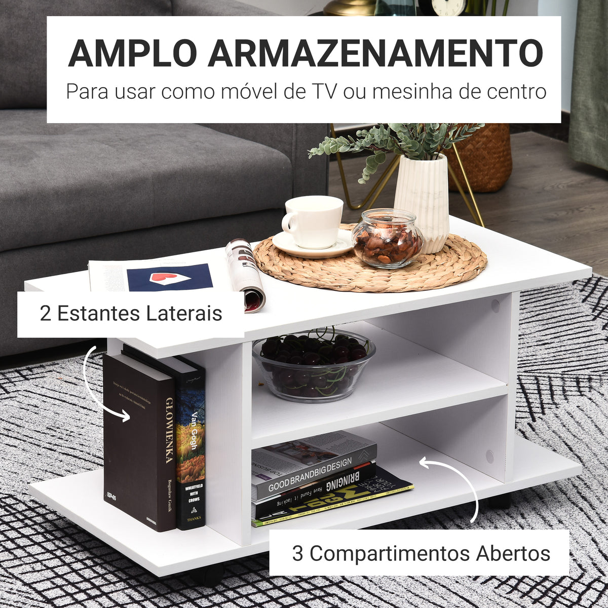 Móvel para TV para Televisores de até 42 Polegadas Móvel de TV com Prateleiras e Rodas com Travão 80x40x40cm Branco — foto 4