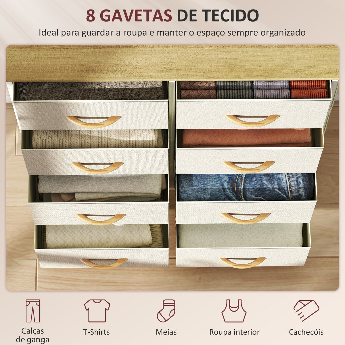 Cómoda Alta de Tecido com 8 Gavetas 4 Bolsos Laterais 2 Ganchos e Estrutura de Aço Cómoda para Quarto Sala de Estar Corredor 86x30x94,5 cm Bege — foto 4