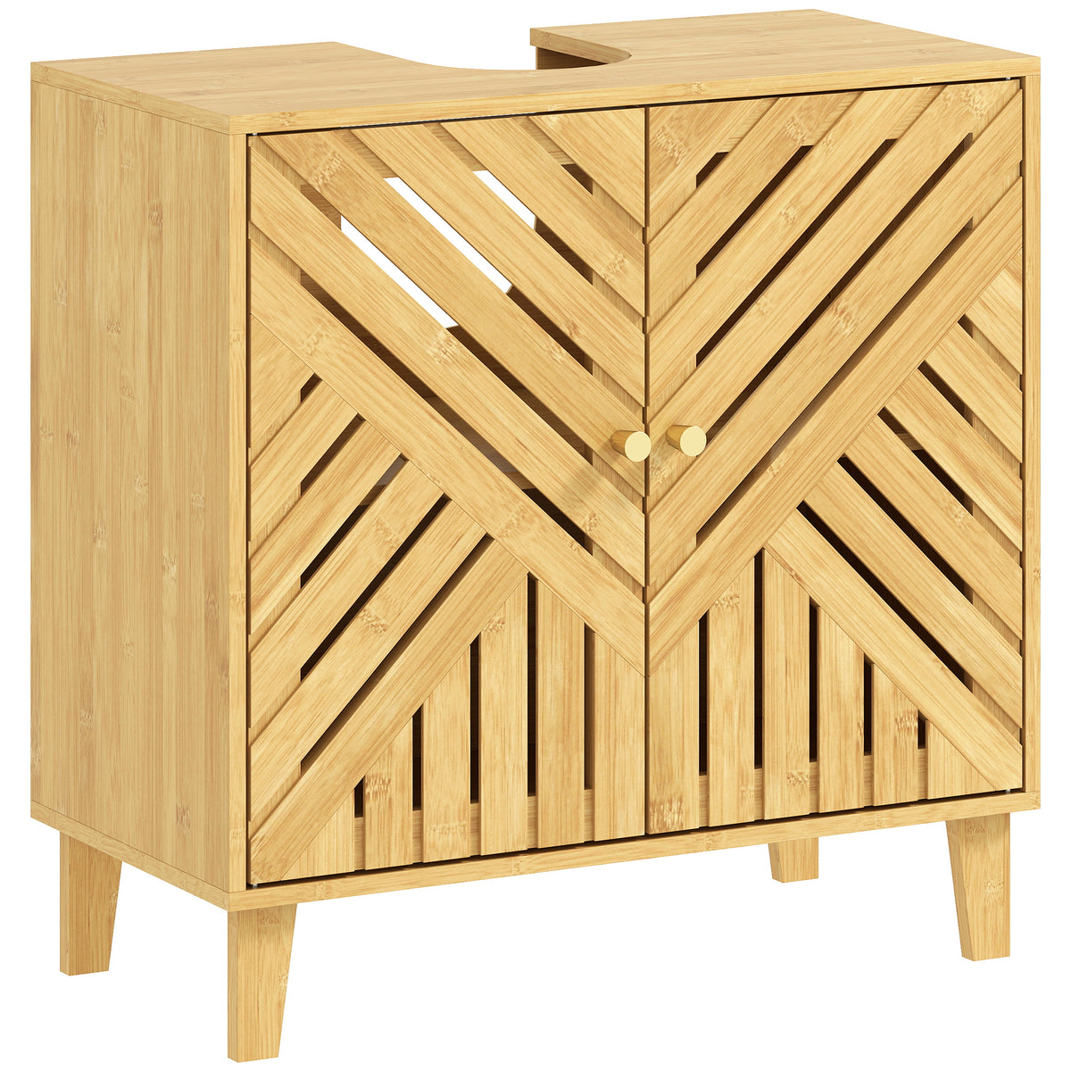 Móvel para Lavatório Pousar em Bambu Móvel de Casa de Banho com 2 Portas Ripadas e Prateleira Ajustável Armário de Casa de Banho para Lavatório sem Pedestal Estilo Nórdico 60x30x60 cm Madeira — foto 1
