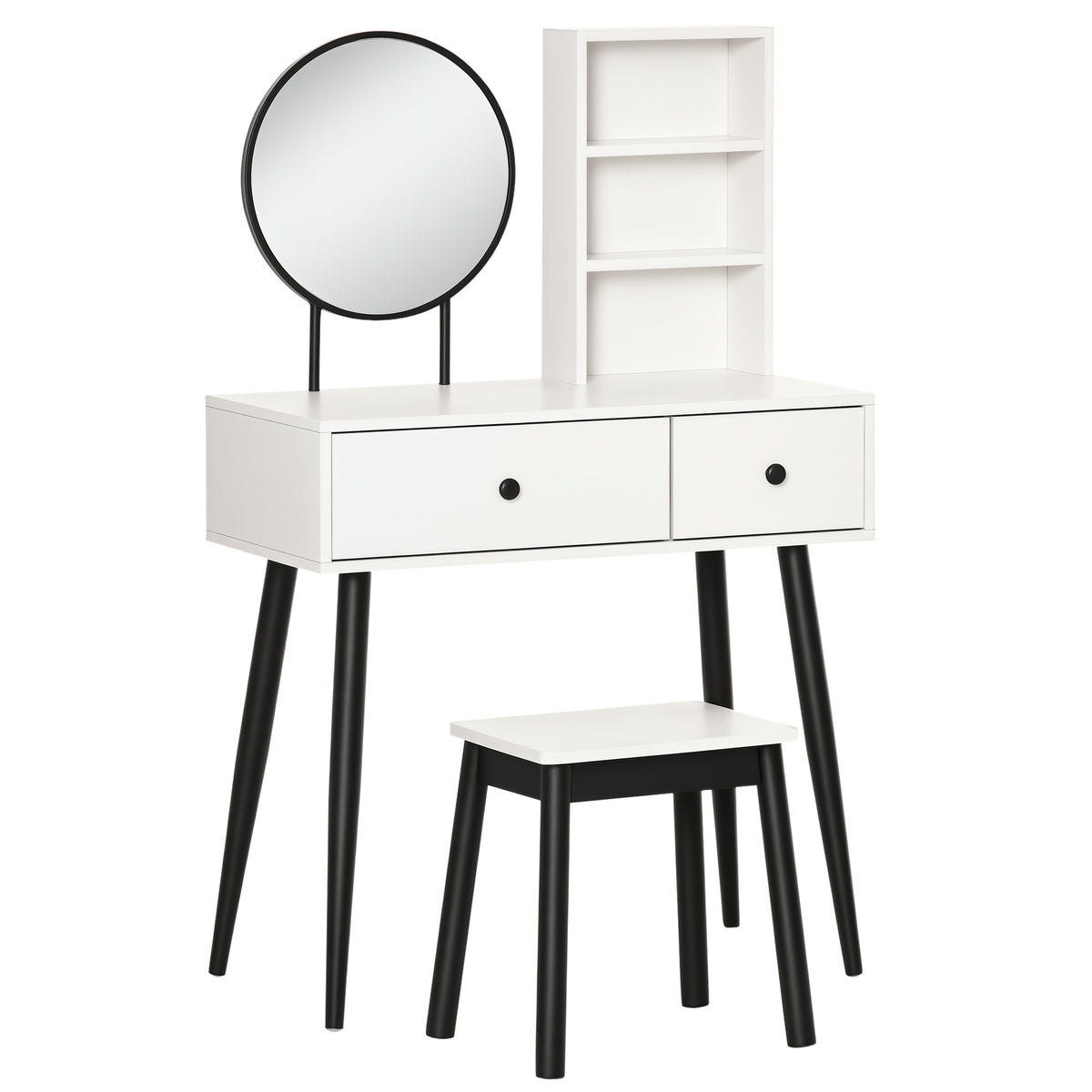 Toucador de Maquilhagem com Banquinho Espelho Redondo 2 Gavetas de Armazenamento e 3 Prateleiras Mesa de Maquilhagem para Dormitório 80x42x131cm Branco e Preto — foto 1