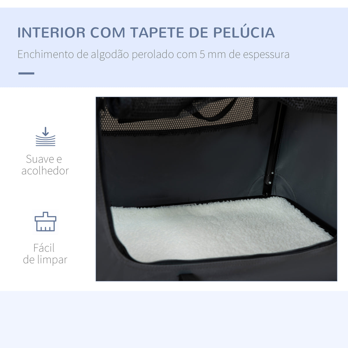 Transportadora para Cães e Gatos Bolsa de Transporte Animais de Estimação Dobrável com Almofada Suave e 2 Correias de Ombro para Carro Avião Viajem 60x41x41cm Cinzento — foto 5