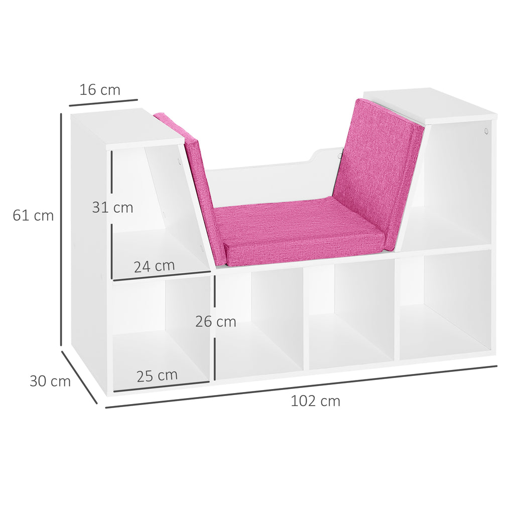 Estante Infantil com Assento Estante com 6 Cubos e Banco com Almofada 102x30x61cm Branco e Rosa — foto 3
