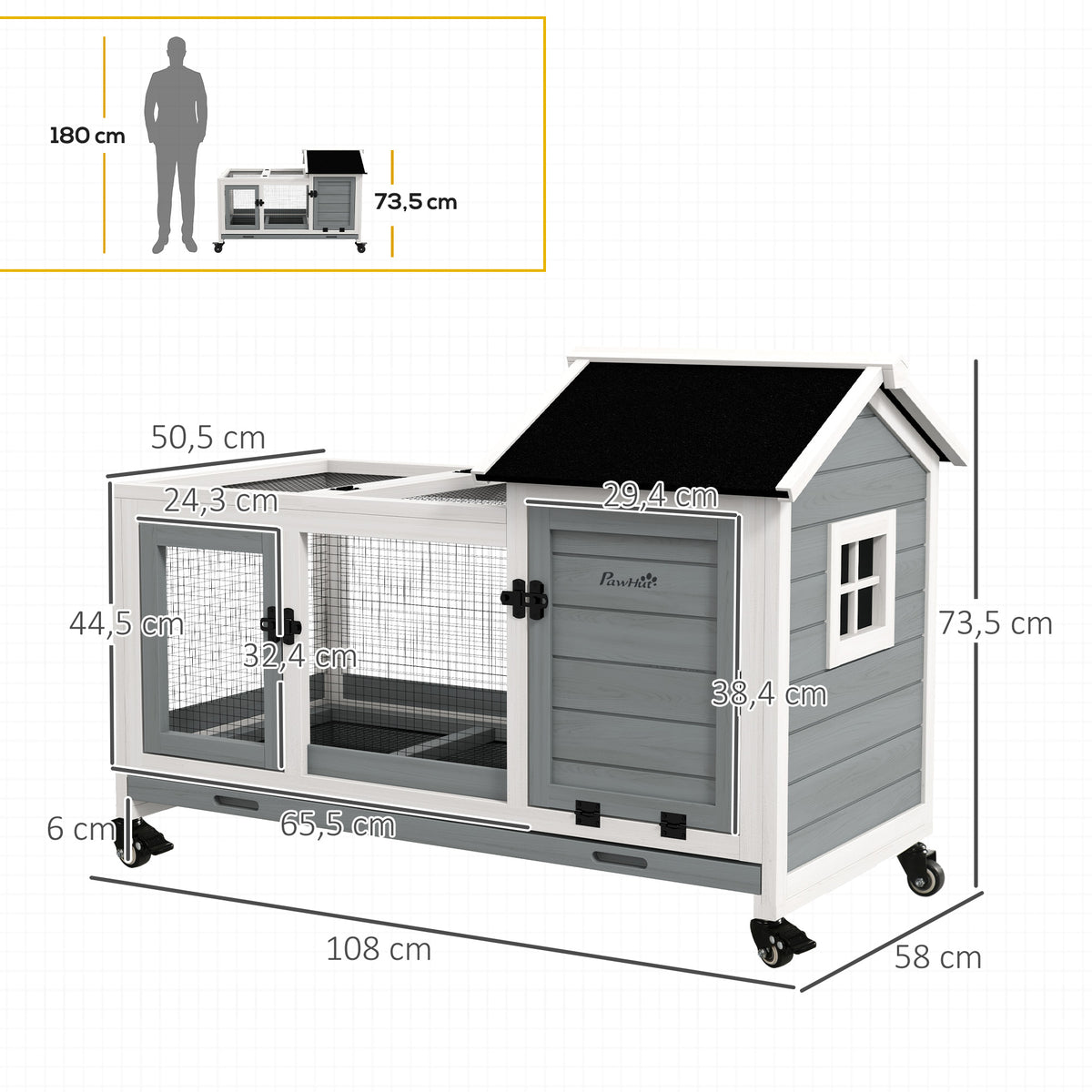 Coelheira de Madeira com Rodas 108x58x73,5cm Gaiola para 1-2 Coelhos com Teto Abatível Cerca Metálica Bandeja Amovível Portas com Trava e Rampa Marrom Cinza e Branco — foto 3