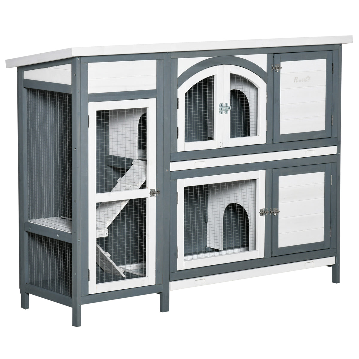 Coelheira de Madeira Exterior de 2 Níveis Gaiola Grande para 2-4 Coelhos com Teto Asfáltico Portas com Fechadura Bandeja Removível e Rampa 145x48x108cm Cinza e Branco — foto 1