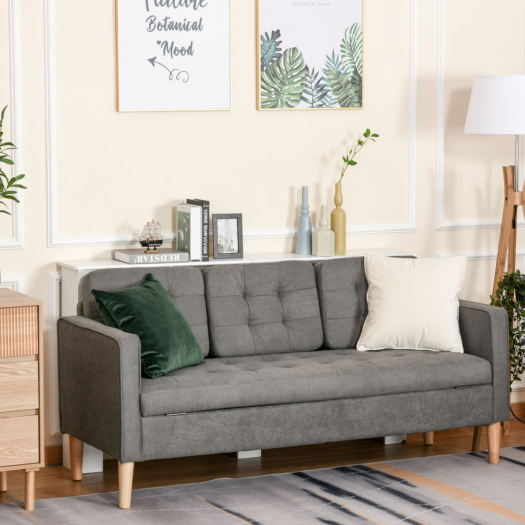 Sofá de 3 lugares acolchoado com 3 almofadas e apoios de braço Espaço de armazenamento Estilo moderno para sala de estar Quarto 166,5x62x82 cm cinza — foto 2