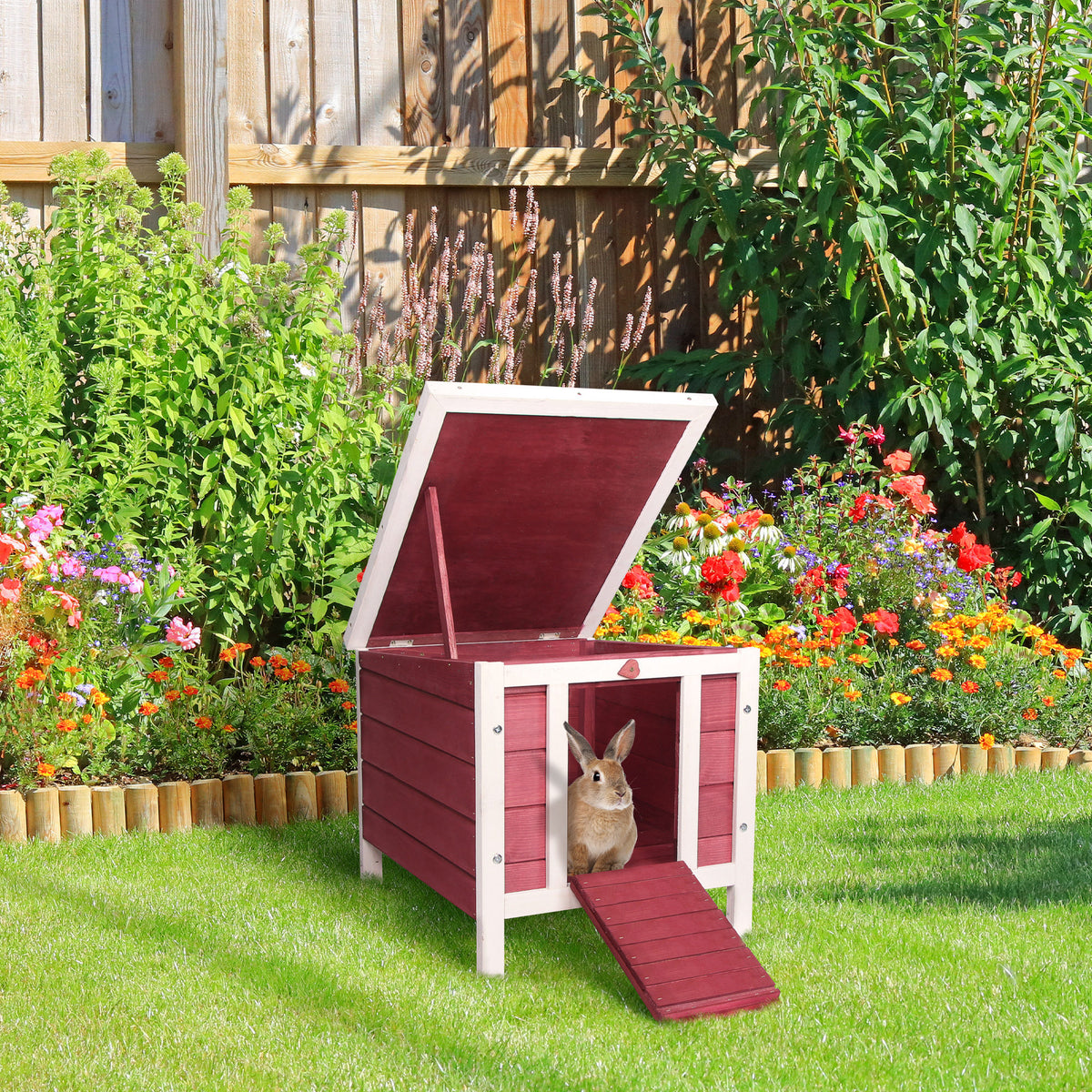 Coelheira de Madeira Exterior Coelheira para Roedores Animais de Estimação Pequenos com Teto Asfáltico e Rampa Antiderrapante 42x51x43cm Vermelho — foto 2