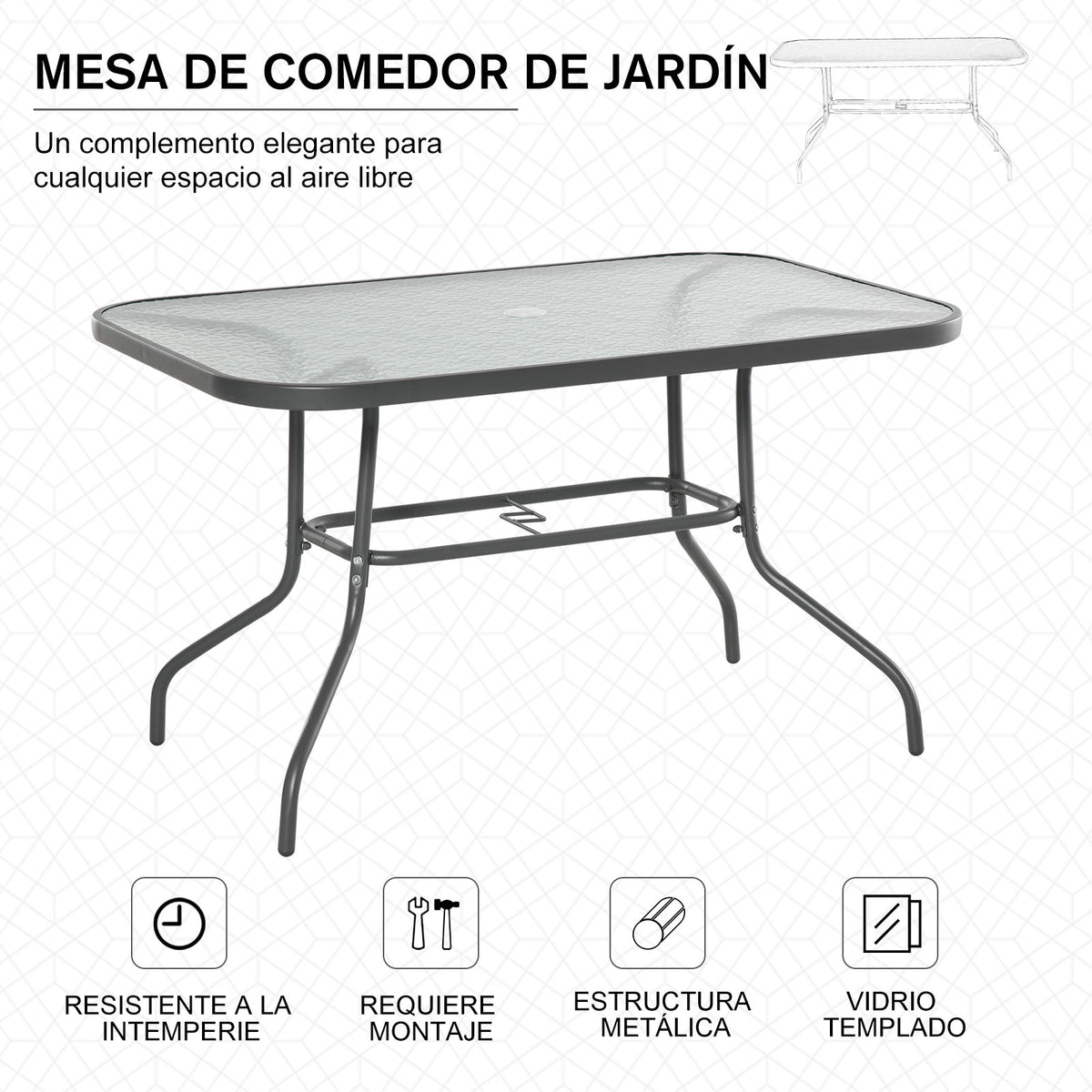 Mesa retangular de metal para jardim Bordas curvas com orifício para guarda-sol Capacidade 70kg Vidro temperado 120x80x70 cm Cinza carvão — foto 4
