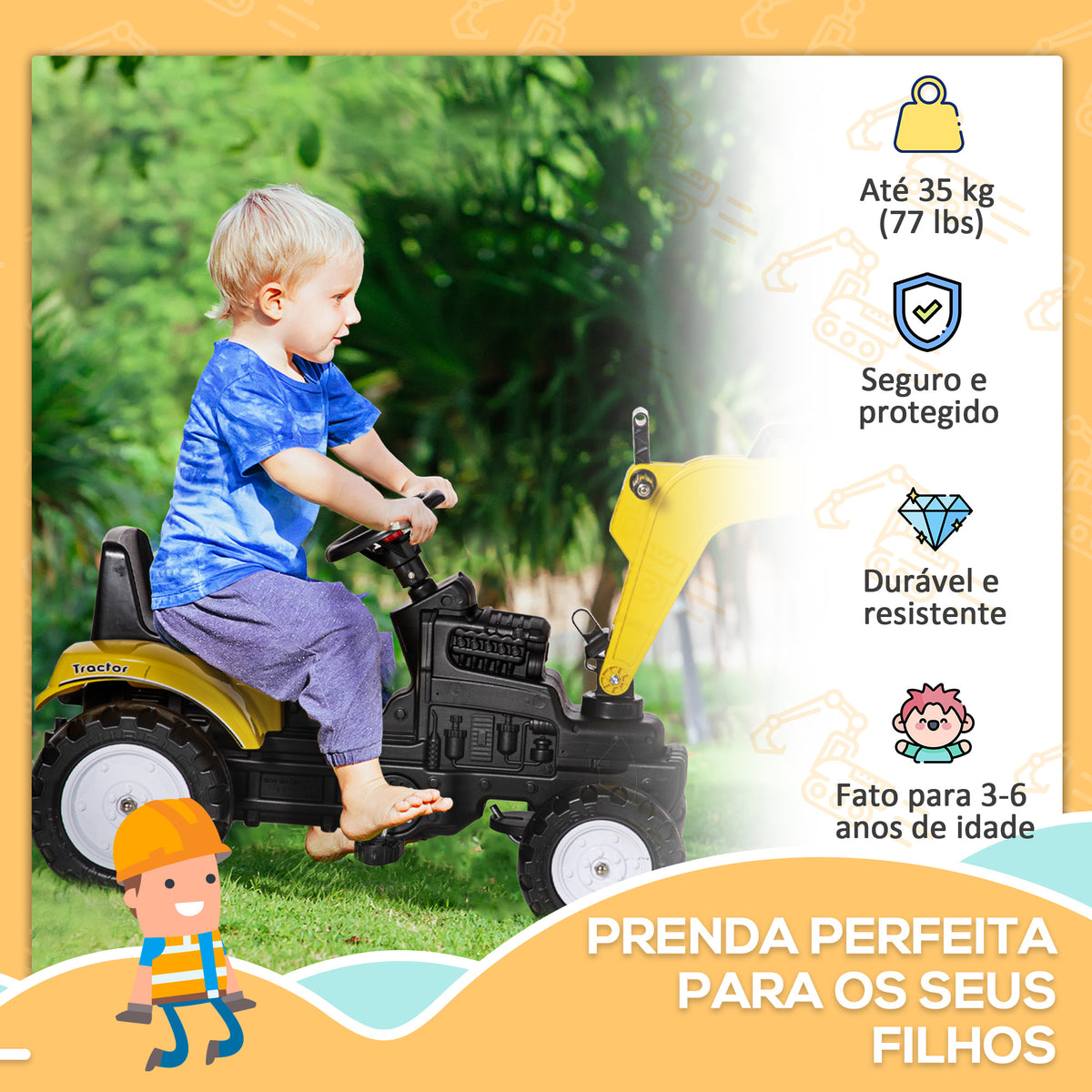 Trator a Pedais para Crianças acima de 3 Anos Escavadora para Crianças com Pá Dianteira e Buzina Carga 35kg Trator Infantil para Exterior 107x42x71 cm Amarelo — foto 4