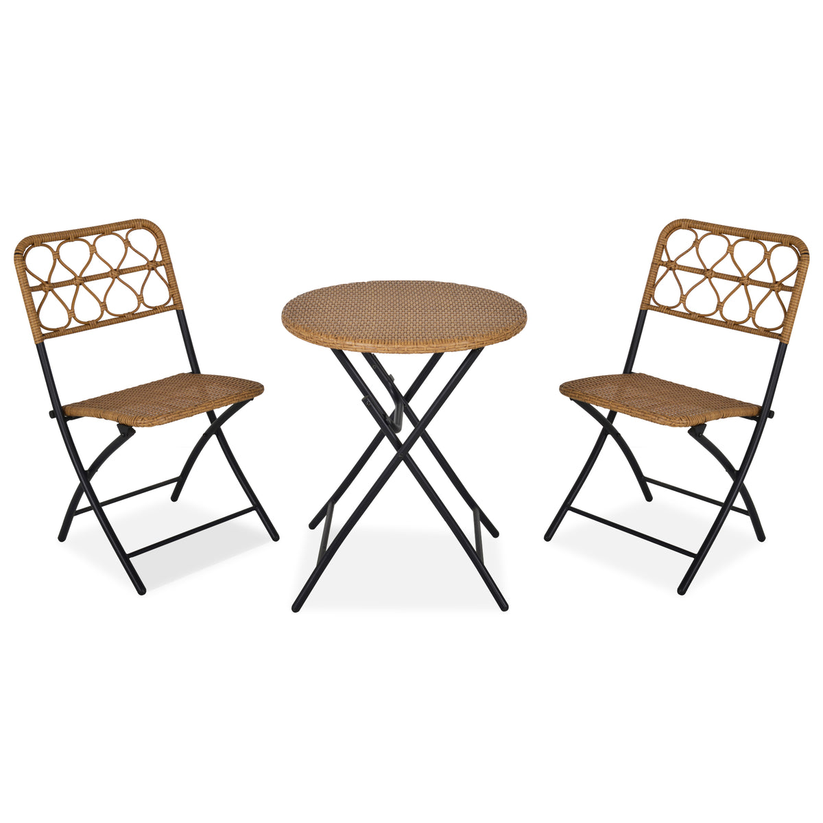 Conjunto de Mesa e 2 Cadeiras Dobráveis de Vime para Jardim Varanda Exterior com Estrutura de Aço Ø60x71 cm e 46x56x83 cm Madeira — foto 1