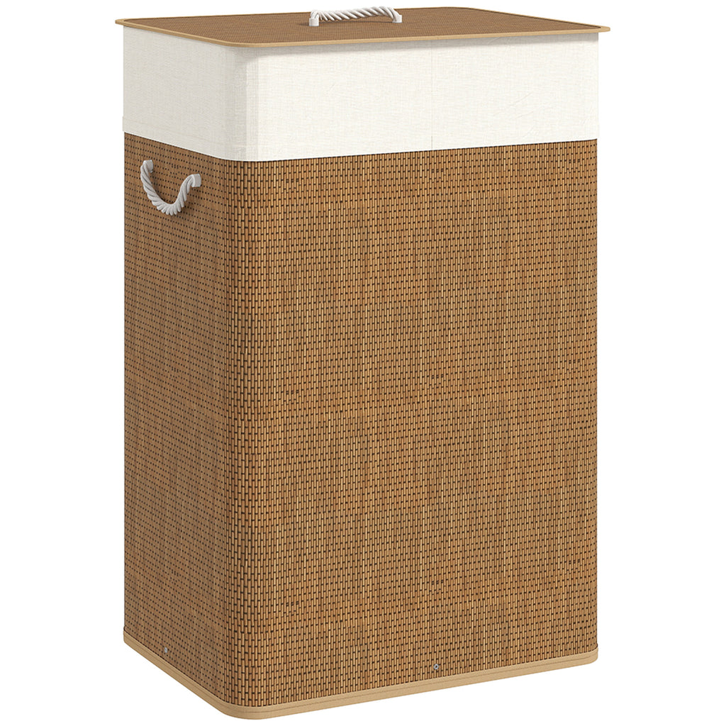 Cesto de Roupa com Tampa 72L Cesto de Roupa de Bambu com Bolsa Interior Removível e Alças para Lavandaria Dormitório 40x30x60 cm Madeira e Creme — foto 1