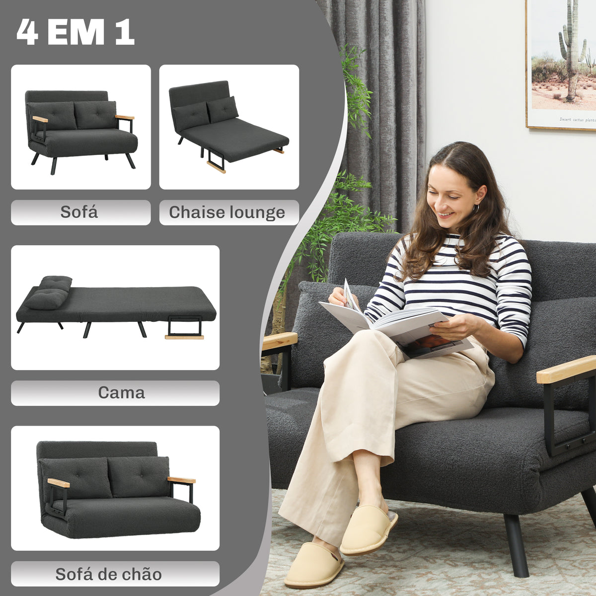 Sofá Cama Sofá Convertível em Cama de 2 Lugares Dobrável com Encosto Ajustável em 5 Níveis e 2 Almofadas Acolchoadas para Escritório Dormitório Sala de Estar 102x73x81 cm Cinza - Modelo 2 — foto 4