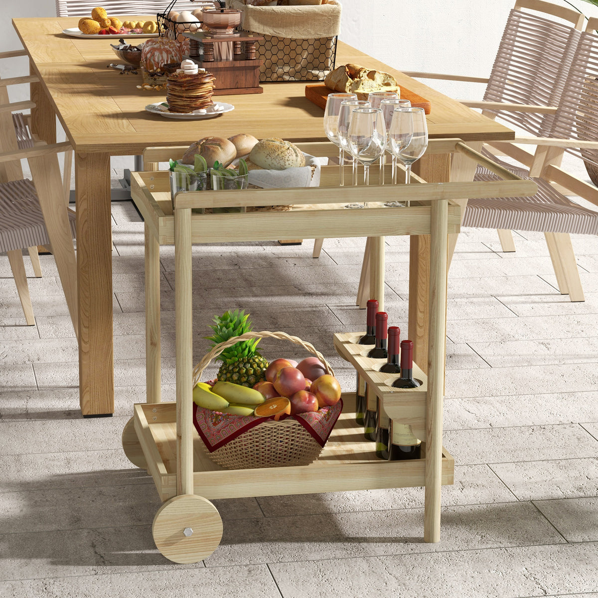 Carrinho de Madeira com Rodas Carrinho de Serviço com 2 Prateleiras 4 Porta-copos e Alça para Jardim Terraço Pátio 78x58,5x75 cm Natural — foto 2