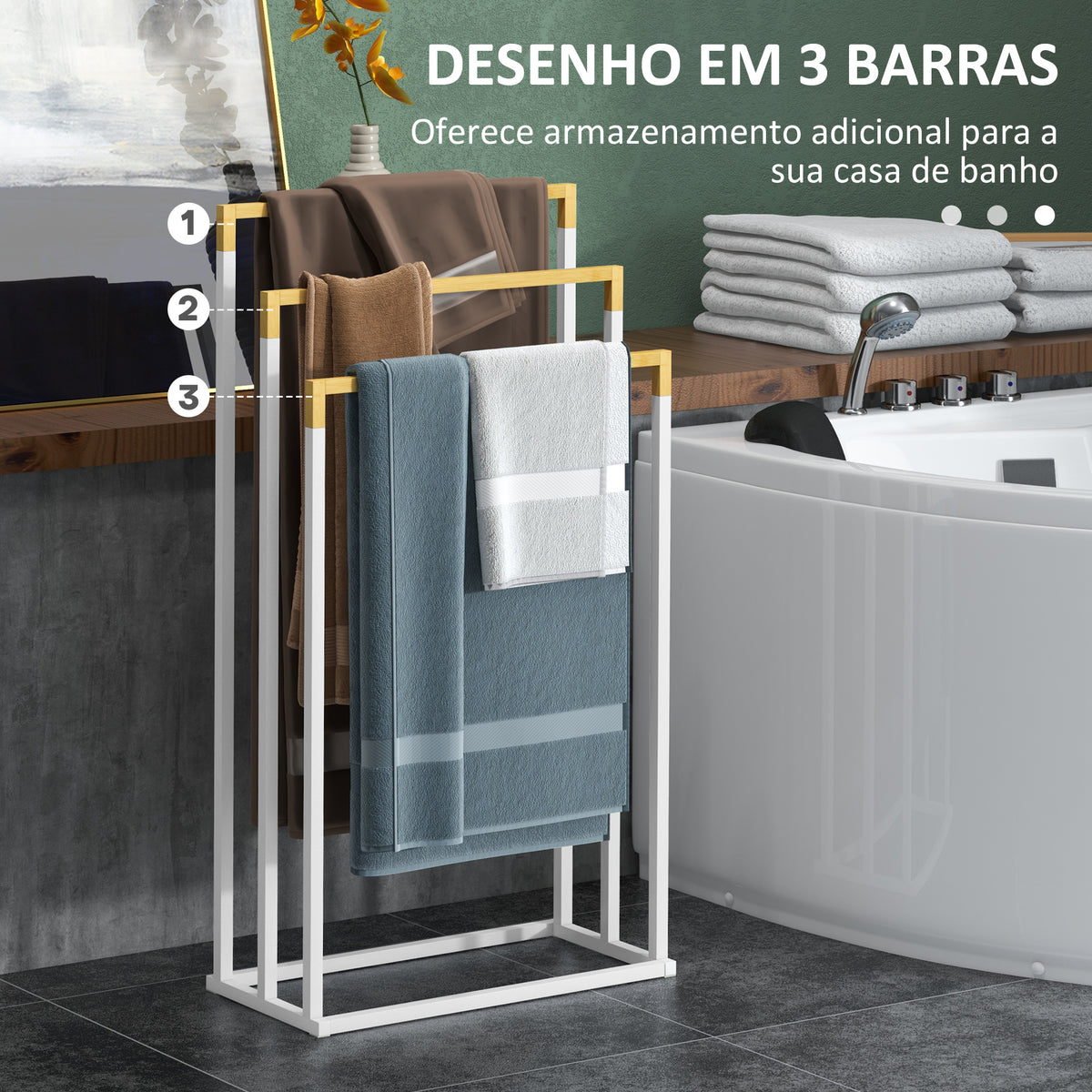 Toalheiro de Pé de 3 Níveis Toalheiro em Forma de Escada com 3 Barras de Bambu e Estrutura de Aço para Casa de Banho 45x22,5x86 cm Branco e Madeira — foto 4