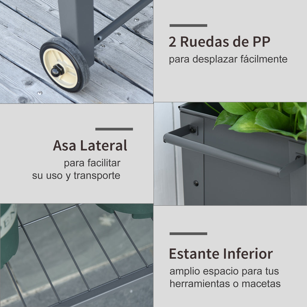 Floreira de Metal Elevada Floreira com Rodas Alça Lateral e Prateleira Inferior para Cultivo de Plantas Hortaliças Flores 104x39x80cm Cinza — foto 5