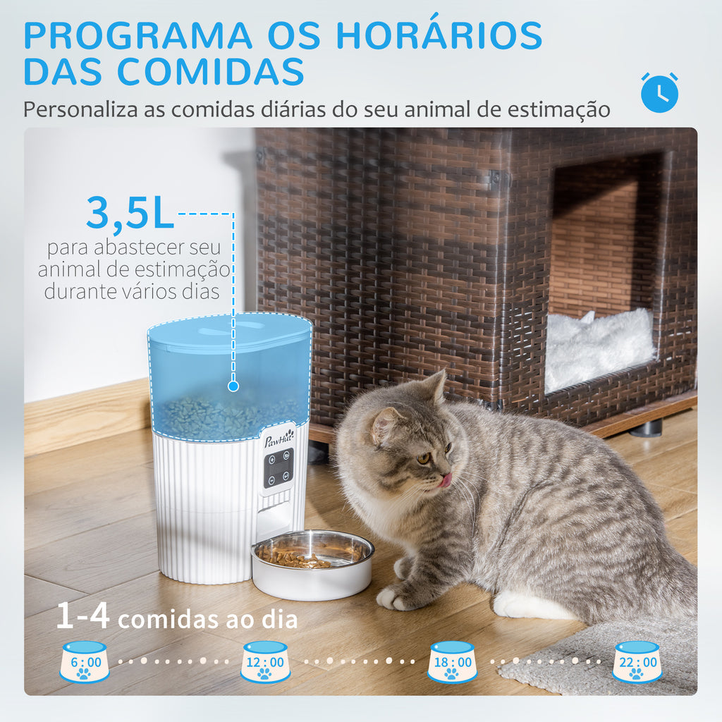 Comedouro Automático para Cães e Gatos 3,5L com Ecrã LED Temporizador Gravador de Voz Programável 4 Refeições ao Dia Tigela Removível e Lavável 20,5x25x28cm Branco — foto 4