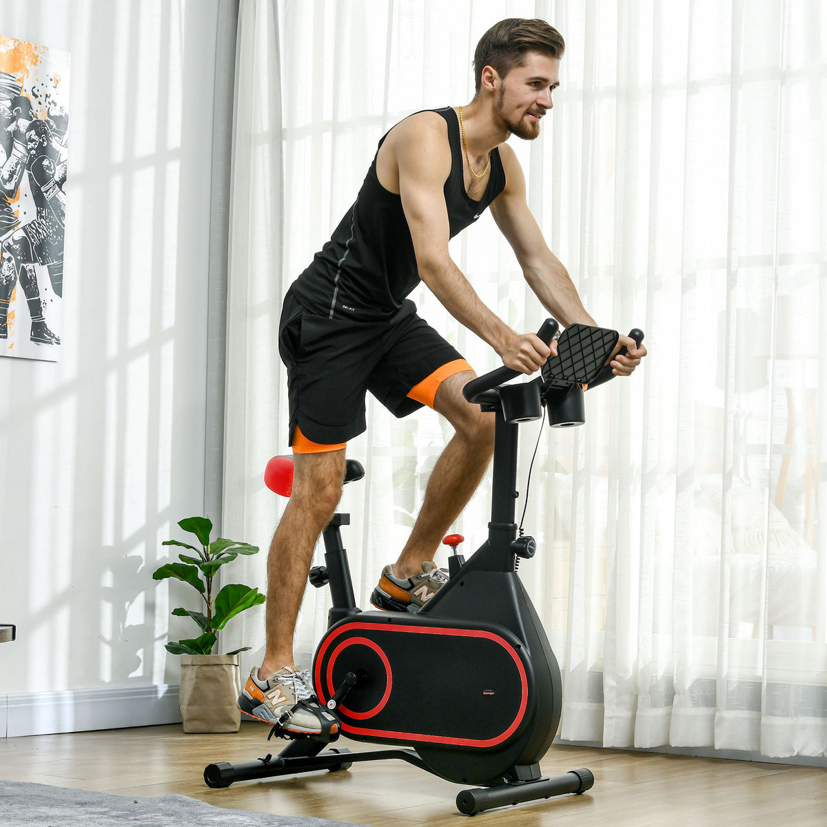 Bicicleta Estática com Ecrã LCD Assento e Guiador Ajustáveis Volante 4 kg e Porta Garrafa 93x48,5x102-112 cm Vermelho e Preto — foto 2