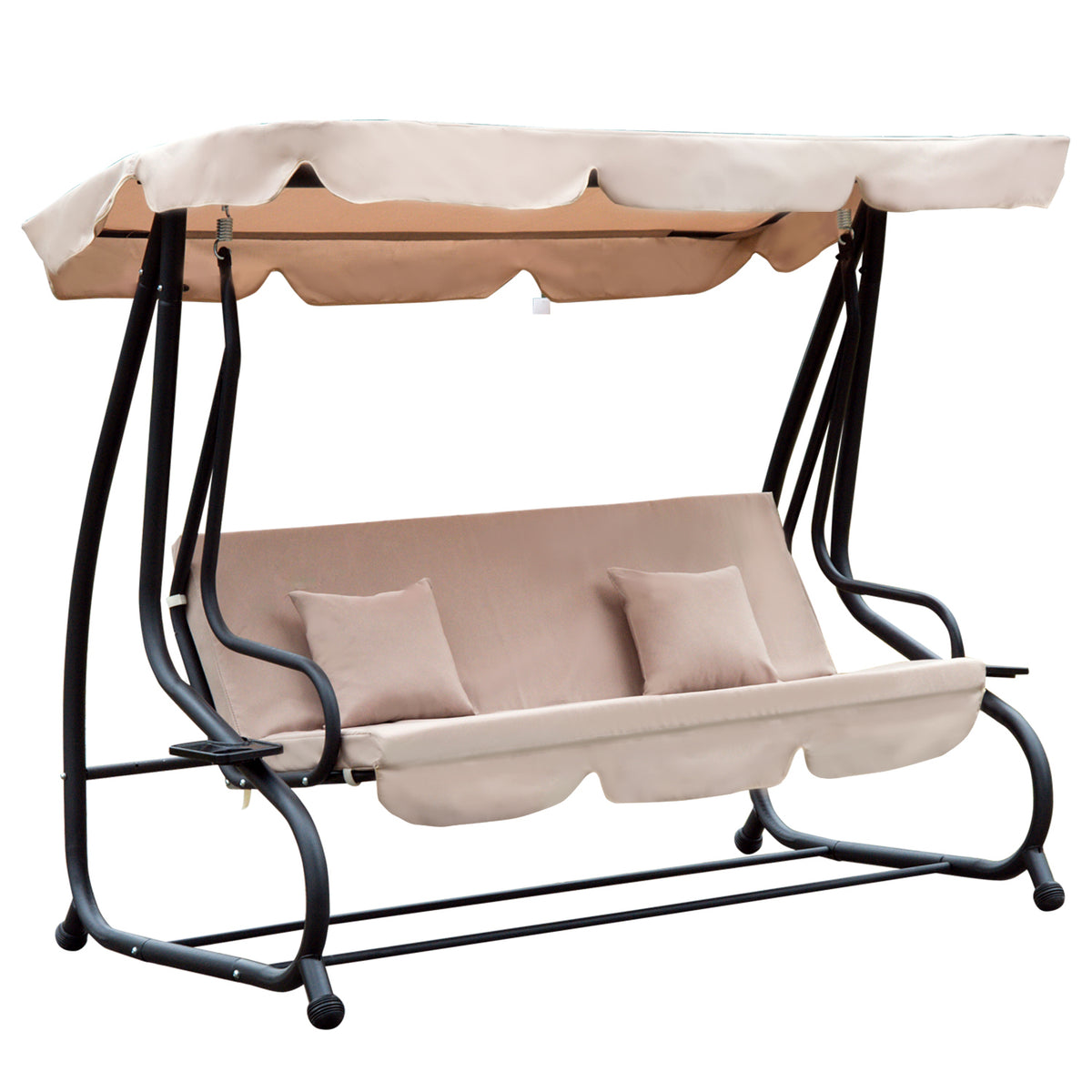 Baloiço de Jardim de 3 Lugares Convertível em Cama com Teto Ajustável Suporte para Bebida para Terraço Balcão Exterior Carga Máxima 340kg 200x120x164cm Bege — foto 1