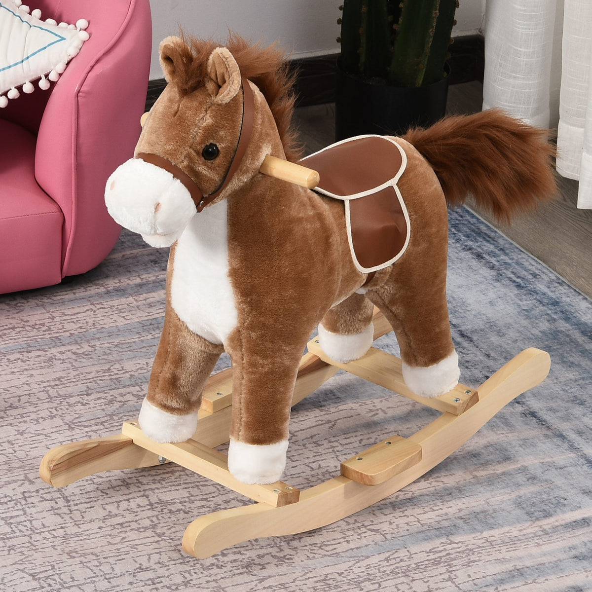 Cavalo Baloiço para Crianças acima de 36 Meses Cavalo Baloiço de Pelúcia Suave com Música Relinchos Sons de Galope Boca e Cauda Móveis 65x32,5x61 cm Marrom — foto 2