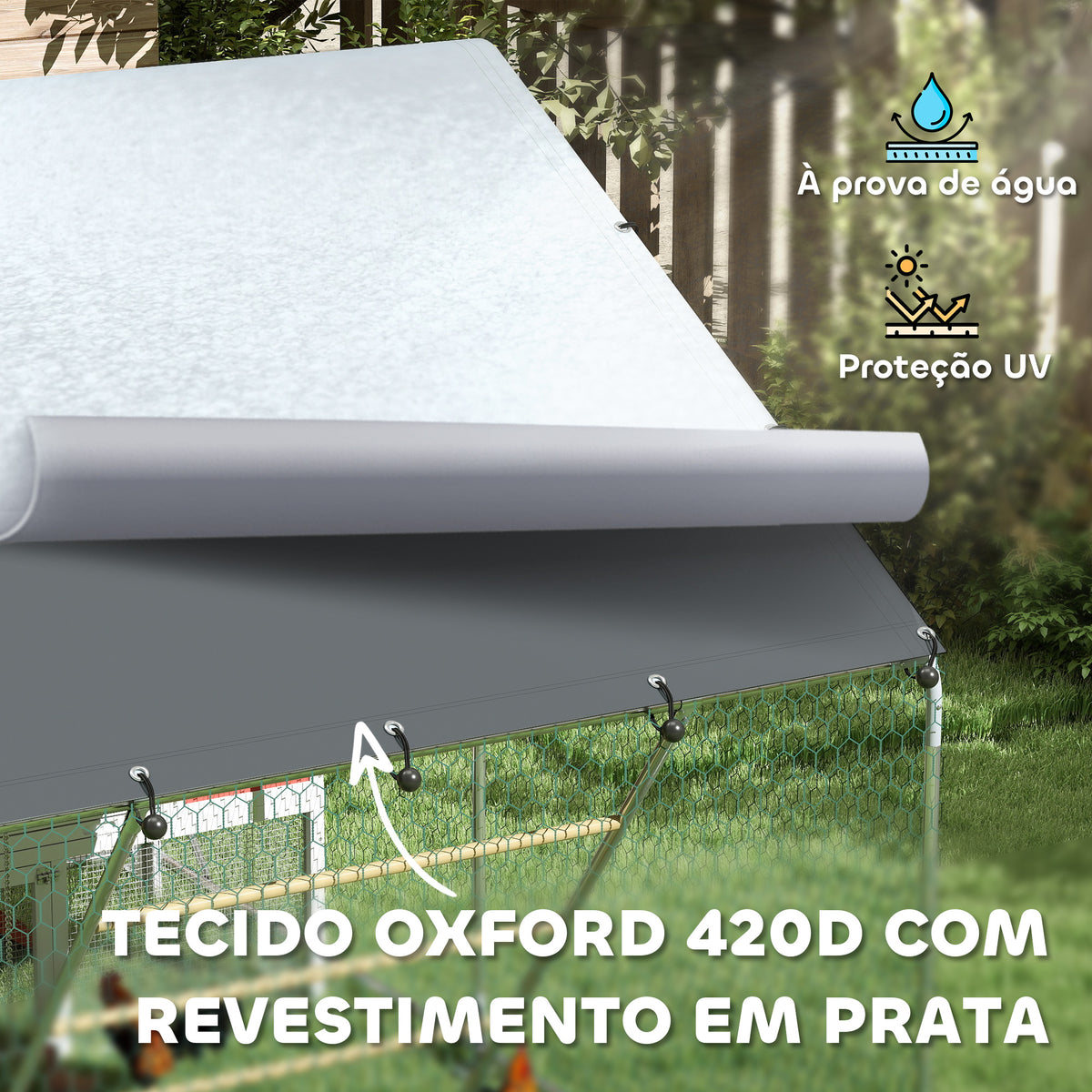 Galinheiro para Exterior 3x2 m Galinheiro de Aço Galvanizado com Comedouro Suspenso Tipo Espeto Poleiro Cobertura Anti-UV e Impermeável para Coelhos Patos Gansos Prata — foto 5