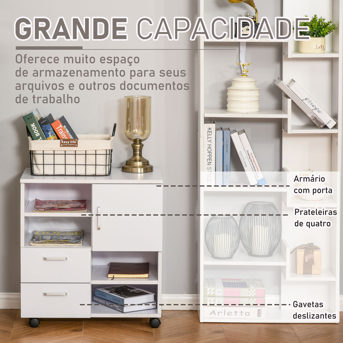 Mobiliário Auxiliar de Escritório com Gavetas e Rodas Multiuso 60x65x35 cm Branco — foto 5