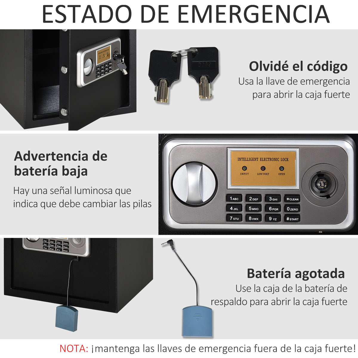 Cofre eletrônico sólido Caixa de segurança com chave 2 Códigos para casa Escritório Capacidade 32L Aço 35x30x39,3 cm Pret — foto 5