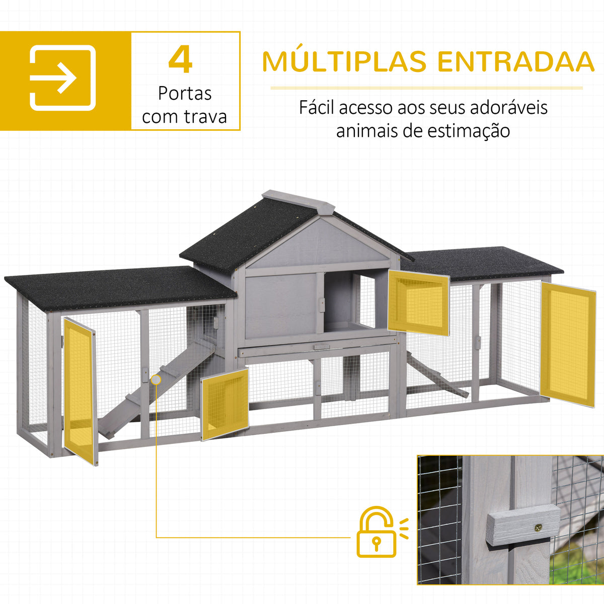 Coelheira de Exterior Grande Gaiola de Madeira para 2-4 Coelhos com Teto Asfáltico Recinto de Arame Bandeja Removível e Rampas 210x45,5x84,5cm Cinza e Preto — foto 4