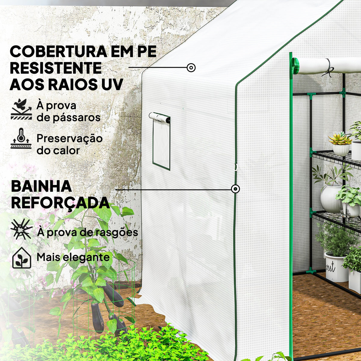 Estufa de Jardim Pequena de 3 Níveis com 6 Prateleiras Porta Enrolável Capa de PE e Estrutura de Aço para Cultivo de Plantas e Flores 140x143x190 cm Branco — foto 5