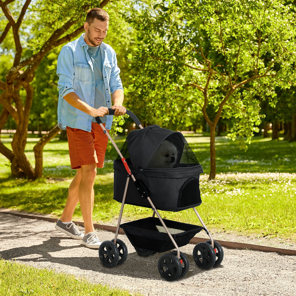Carrinho para Cães Dobrável 3 em 1 Carrinho para Animais Carrinho para Cães Miniatura com Cesta de Armazenamento Janela de Malha Portacopos e 2 Rodas Universais 76x50x102 cm Preto — foto 2