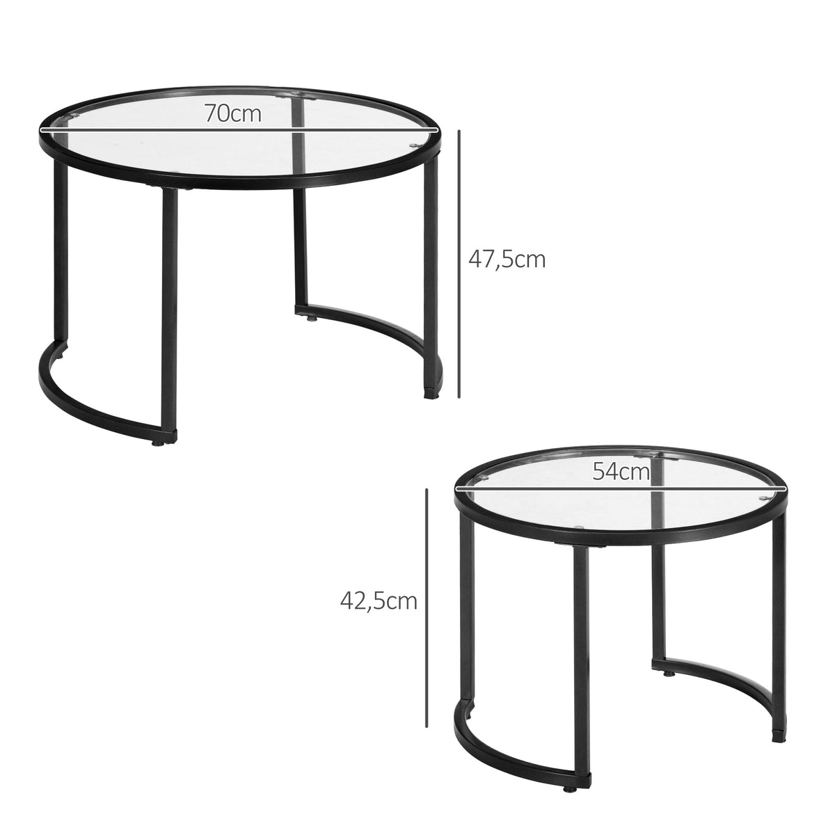 Conjunto de 2 Mesas de Apoio Mesas de Centro Redondas para Sala de Estar Bancada de Vidro Temperado e Estrutura de Aço Grande 70 cm Pequena 54 cm Preto e Transparente — foto 3