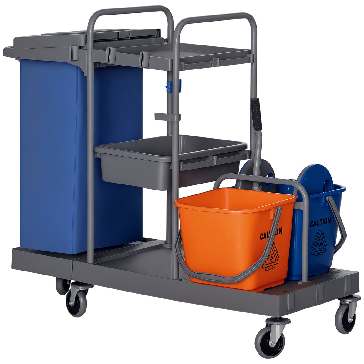 Carro de Limpeza Professional com Escorredor de Alavanca com 3 Prateleiras e 2 Baldes de 18L Bolsa com Tampa Rodas 111x63,3x103cm Cinza Azul e Laranja — foto 1