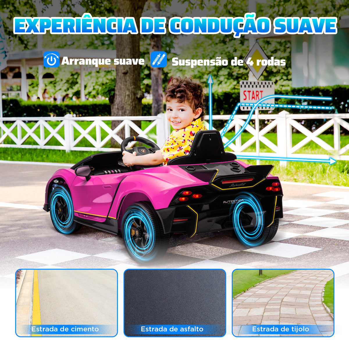 Carro Elétrico para Crianças acima de 3 Anos Carro Elétrico Lamborghini com Bateria 12V Controlo Remoto Faróis Buzina Arranque Lento e Música MP3 114,5x64x45,5 cm Rosa — foto 5
