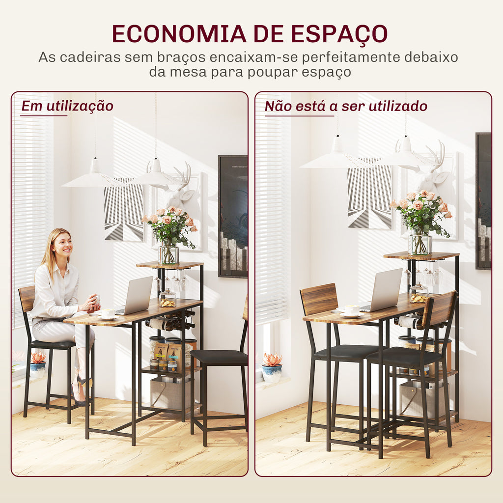Conjunto de Mesa e Bancos de Bar Mesa Alta de Cozinha com 2 Bancos Laterais Rebatíveis Suporte para Vinhos e Prateleiras Estilo Industrial Castanho e Preto — foto 7