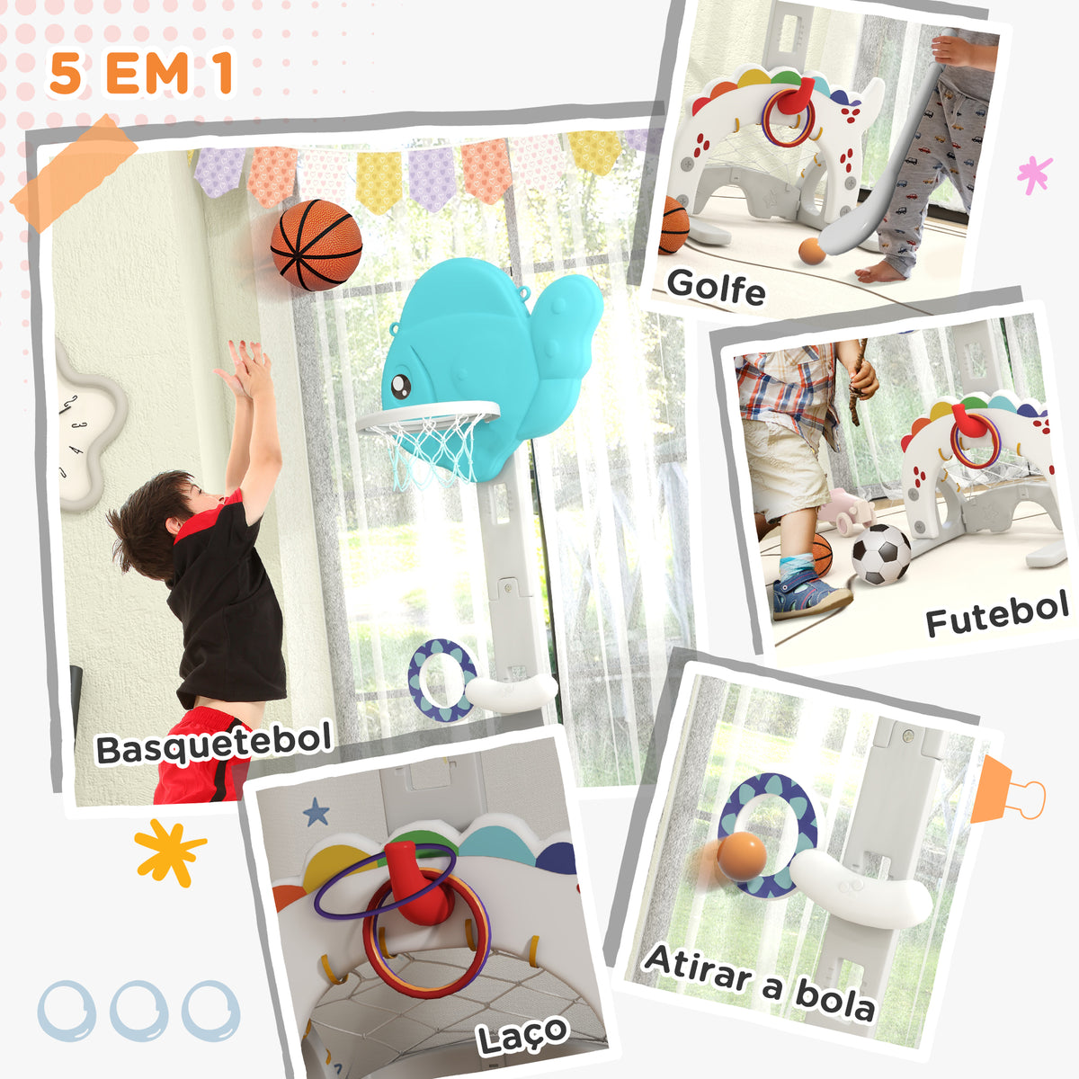 Cesta de Basquetebol Infantil 5 em 1 Cesta de Basquetebol para Crianças com Altura Ajustável com Tema Peixe Dourado Futebol Golf Jogo de Lançamento de Bola para Interior Multicolorido — foto 5