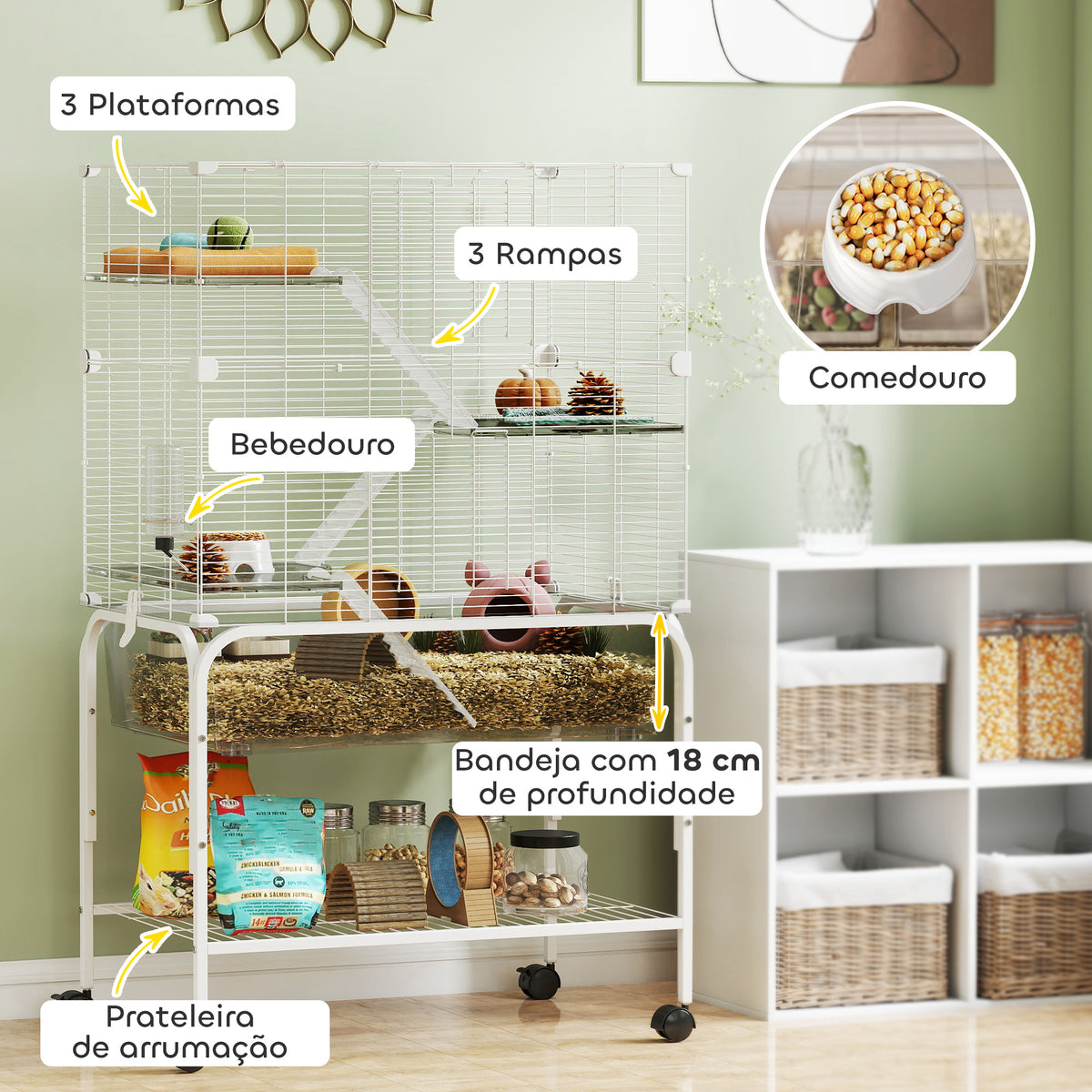 Gaiola para Pequenos Animais de 4 Níveis com Bandeja Inferior Gaiola para Roedores com Rodas Rampas Comedouro e Bebedouro Recinto para Chinchilas 73x47x123 cm Branco — foto 5