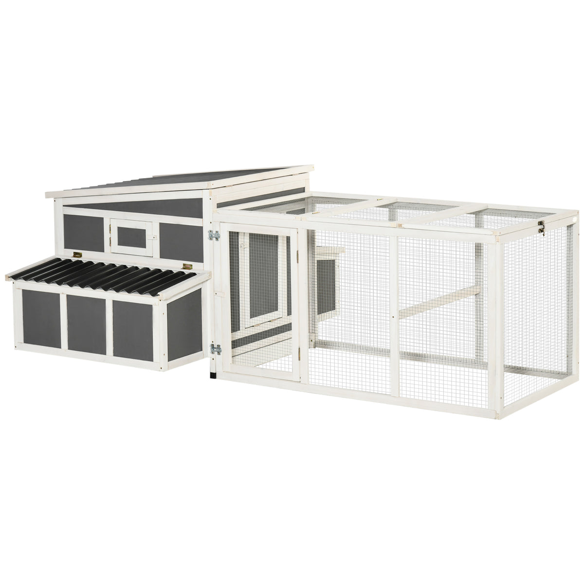 Galinheiro de Madeira para Exterior 225x147x85,5cm Gaiola para 6-8 Galinhas com Cerca de Metal Teto e Janela Rebatível 2 Ninhos Bandeja Removível e Rampa Cinza e Branco — foto 1