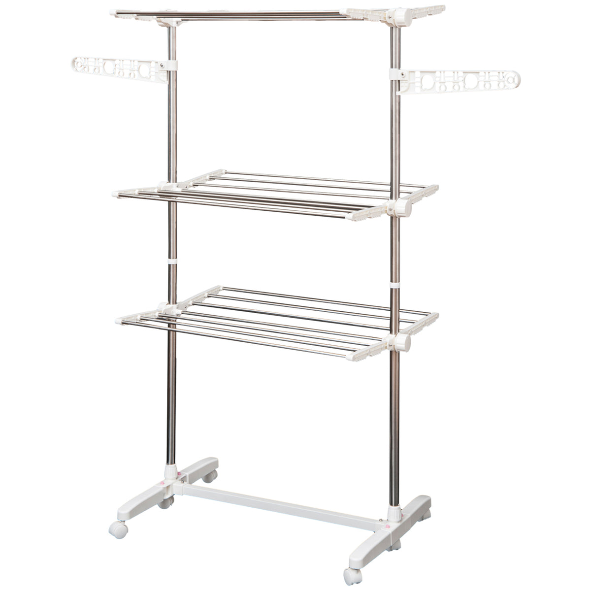Estendal para Roupa Dobrável 80x55x152cm com 6 Rodas e 3 Prateleiras com Altura Ajustável de Aço Inoxidável Prateado — foto 1