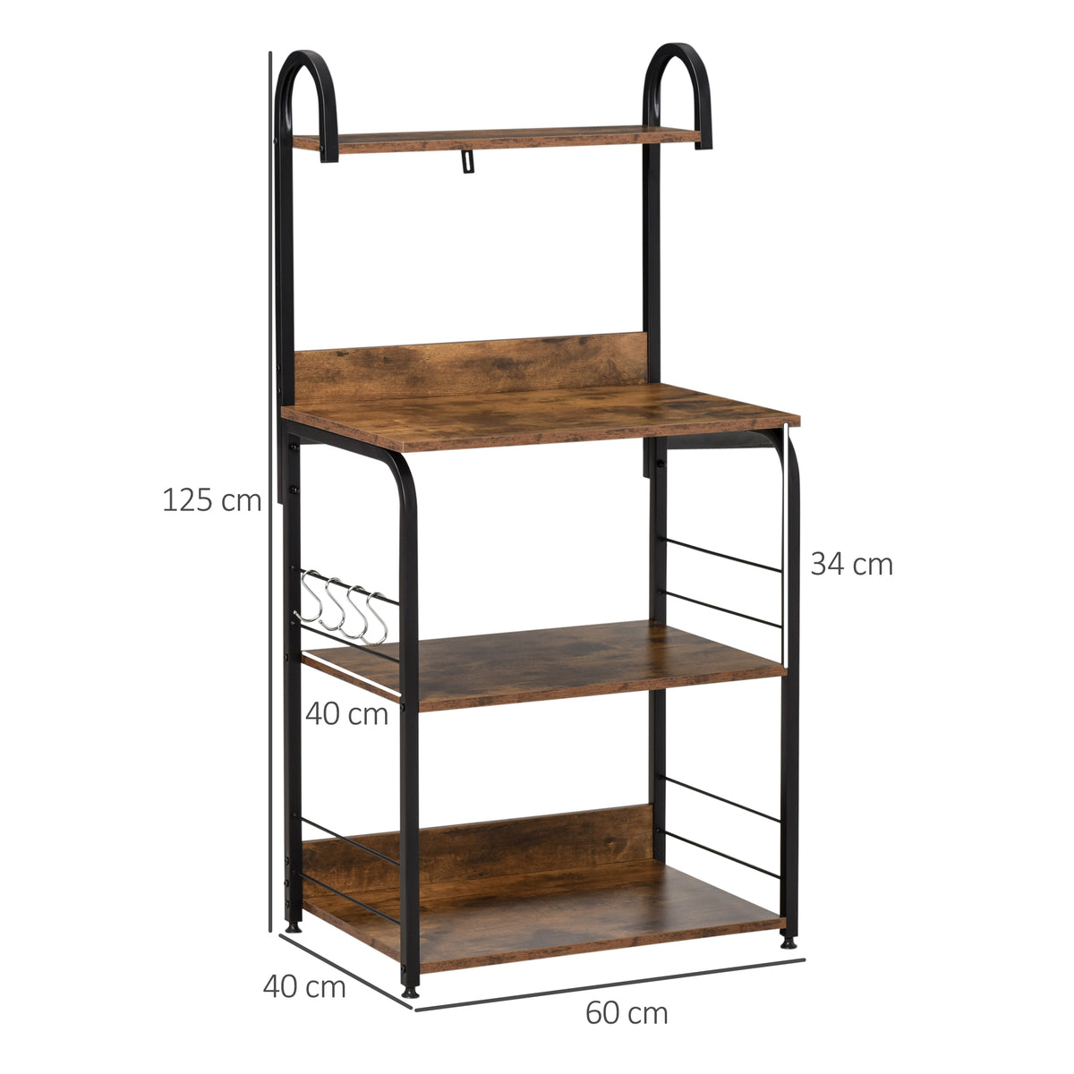 Estante de Cozinha Estante para Microondas com 4 Níveis Ganchos e Pés Ajustáveis Estante de Armazenamento 60x40x125 cm Marrom Rústico — foto 3