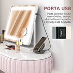 Espelho de Maquilhagem com Luzes Espelho de Toucador Giratório 58x46 cm com 3 Modos de Iluminação Interruptor Tátil Espelho de Maquilhagem com Suporte para Telemóvel e Entrada USB Branco — foto 5