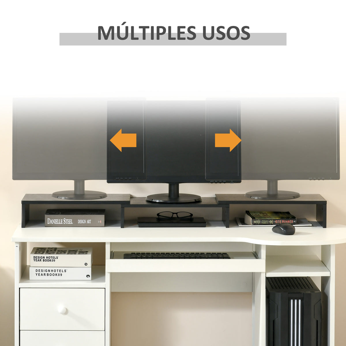 Suporte Elevado para Monitores de Madeira Ajustável em Comprimento e Ângulo para 2 Monitores Notebook 80-117x23,5x10cm Preto — foto 7