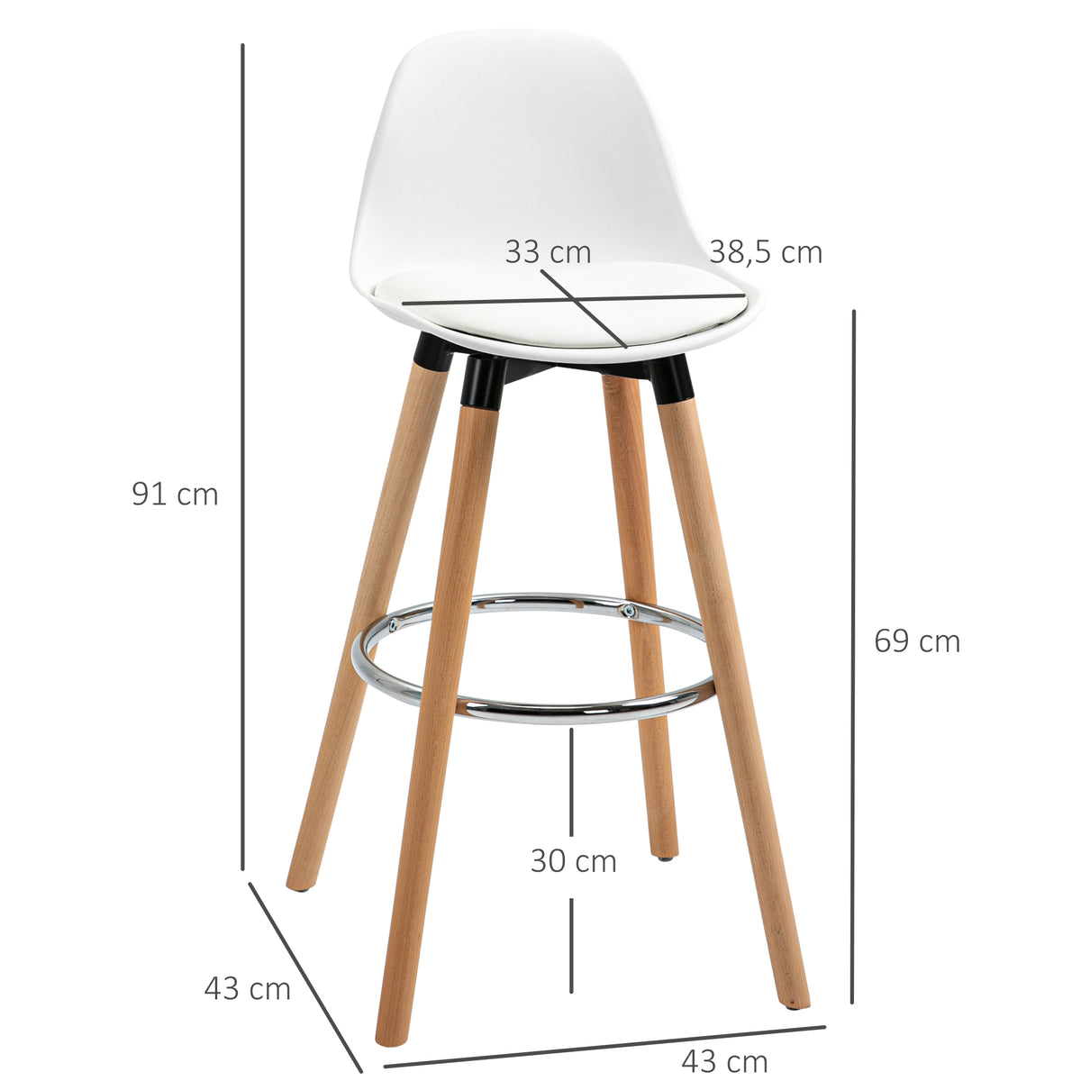 Conjunto de 2 Bancos de Bar Estofado em PU Bancos Altos de Cozinha com Assento de 69 cm e Pés de Madeira para Cozinha Sala de Jantar 38,5x42,5x91cm Branco — foto 3