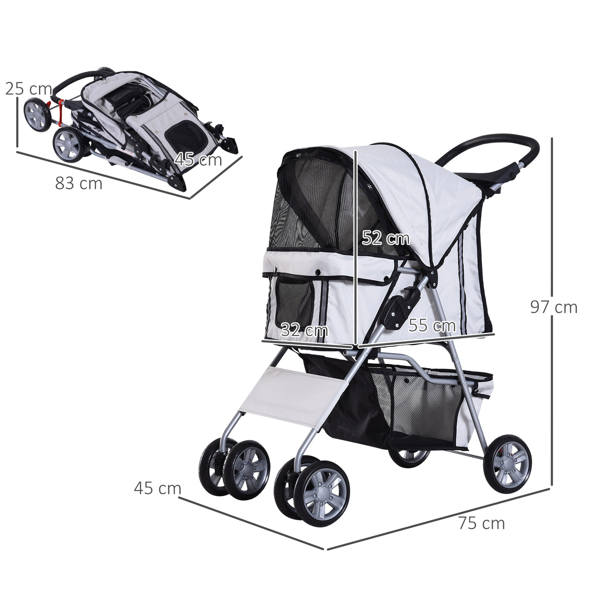 Carrinho para Cães Dobrável, Carrinho para Cães Pequenos com Cesta de Armazenamento, Janelas de Malha, Suportes para Copos, Rodas de EVA, Almofada Lavável, Travões, Carga 10 kg, 75x45x97 cm, Cinzento — foto 3