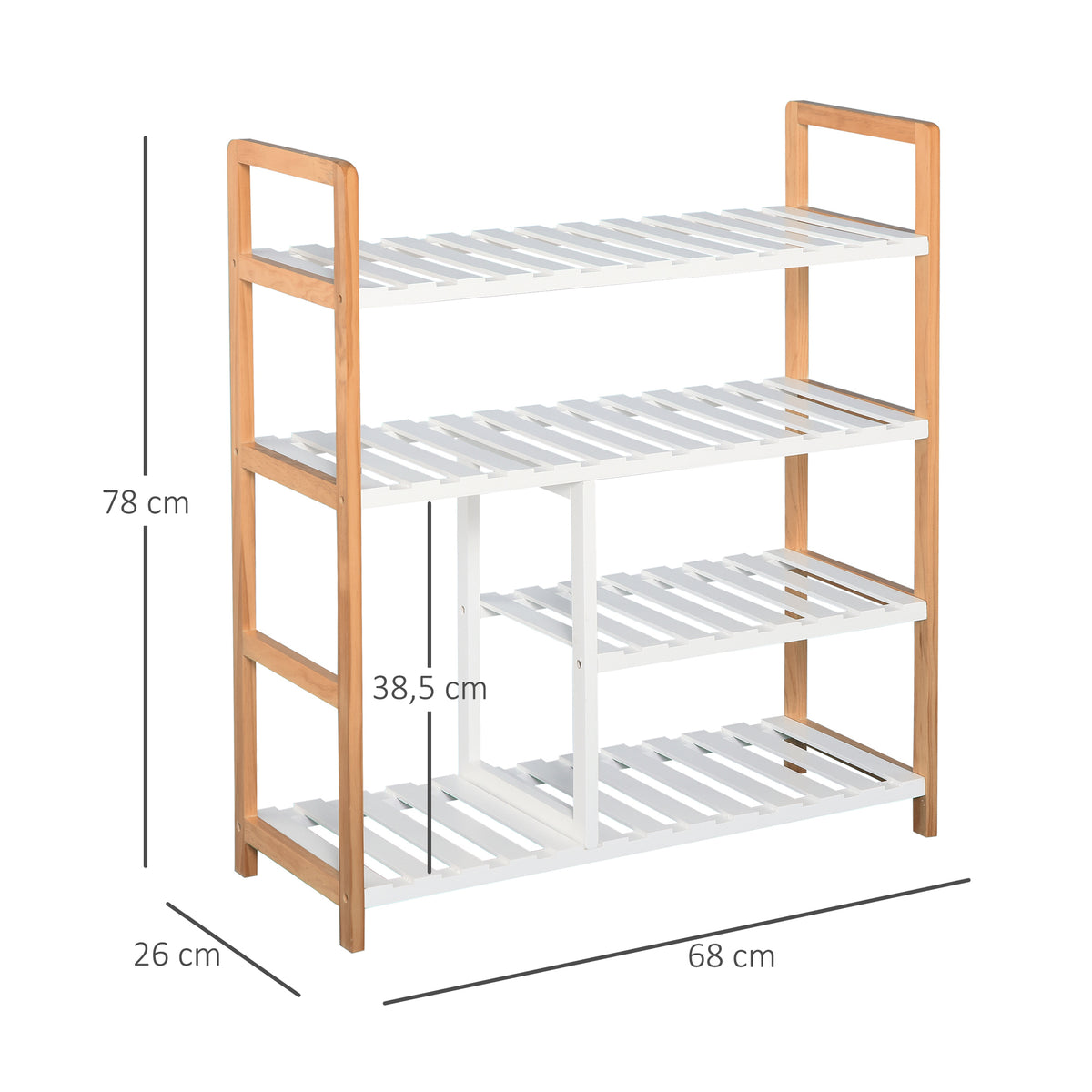 Sapateira multiuso com 4 níveis Máximo 11 pares com compartimento para botas altas Prateleira para sapatos Madeira maciça de pinho 68x26x78 cm Branco — foto 3