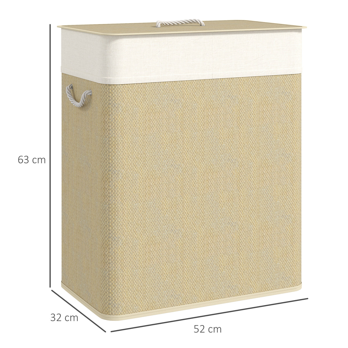 Cesto de Roupa com Tampa 100L Cesto para Roupa Suja de Bambu com 2 Compartimentos Bolsa Interior Amóvivel para Lavandaria Casa de Banho 52x32x63 cm Bege e Creme — foto 3