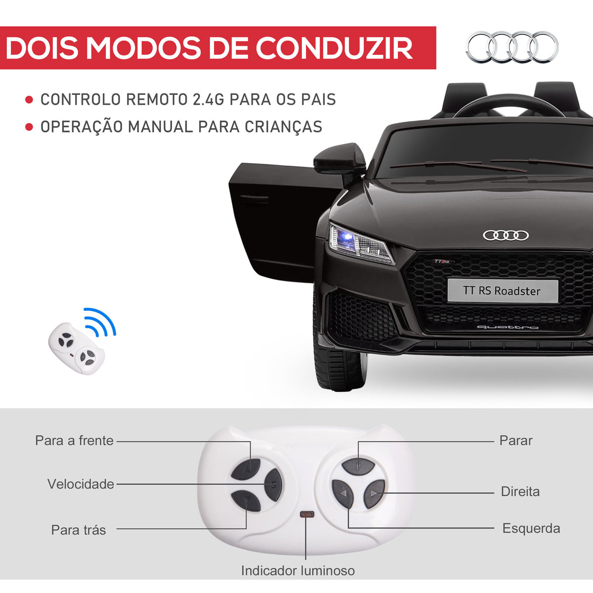 Carro Elétrico Audi TT para Crianças acima de 3 Anos com Controlo Remoto Música e Luzes Bateria 12V Abertura da Porta 102x60x44 cm Preto — foto 5