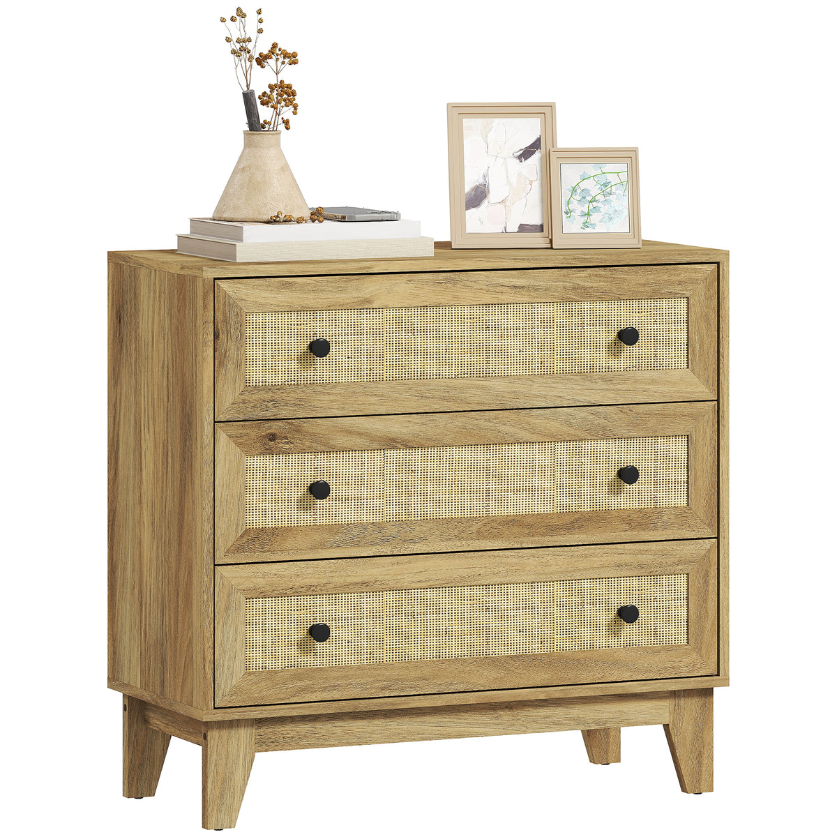 Cómoda com 3 Gavetas Cómoda de Madeira com Gavetas de Vime e Pés Elevados para Sala de Estar Dormitório Escritório 80x35x76 cm Madeira — foto 1